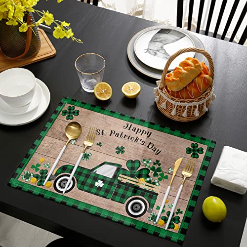St. Patrick's Day Truck Placemats Set Of 6,Shamrocks Green Plaid Clovers Table Placemats Retro Wood Grain Place Mats Non Slip Washable Table Mats Set For Kitchen Dining Table,Holiday Party Decoration #TOP3