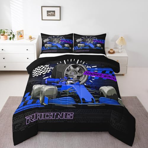 Image of Feelyou Kids Racing Car Duvet Insert Queen Size, Extreme Sports Comforter Set Boys Girls Karting Road Bedding Set Teens Bedroom Decor Microfiber Bed Set