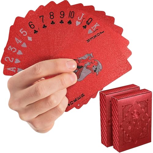 SeptCity Deck of Cards 2 Pack Plastic Waterproof Playing Cards Poker Set for Casino Games Family Game Night and Theme Parties Christmas Valentines Day Gift for Men and Women (Red)