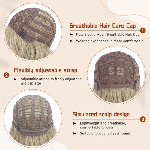 Image of Pastel Dark Blonde Wavy Bob Wig for Women, Short Shoulder Length Synthetic Wig with Bangs, Matte Natural Realistic Look Lightweight Hairpiece, Blonde Color for Daily Wear & Cosplay Costume