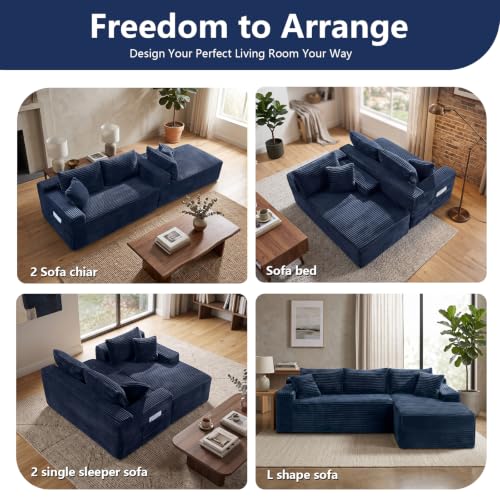 Image of 106.3 inch L Shaped Boneless Sectional Corduroy Couches for Living Room (Blue)