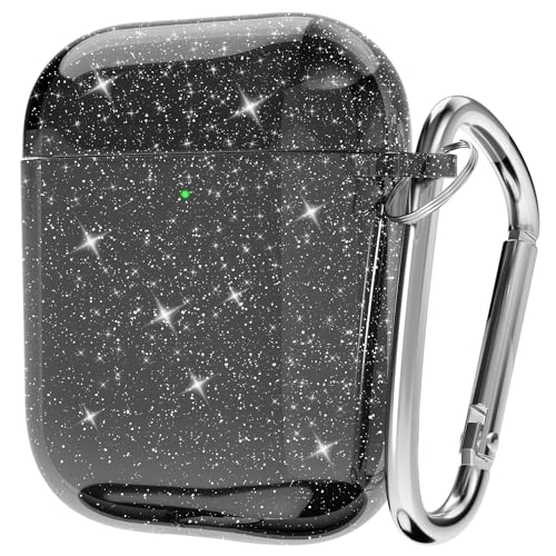 Coque transparente pour AirPods 1 et 2 avec porte-clés rigide noir pailleté Y2K
