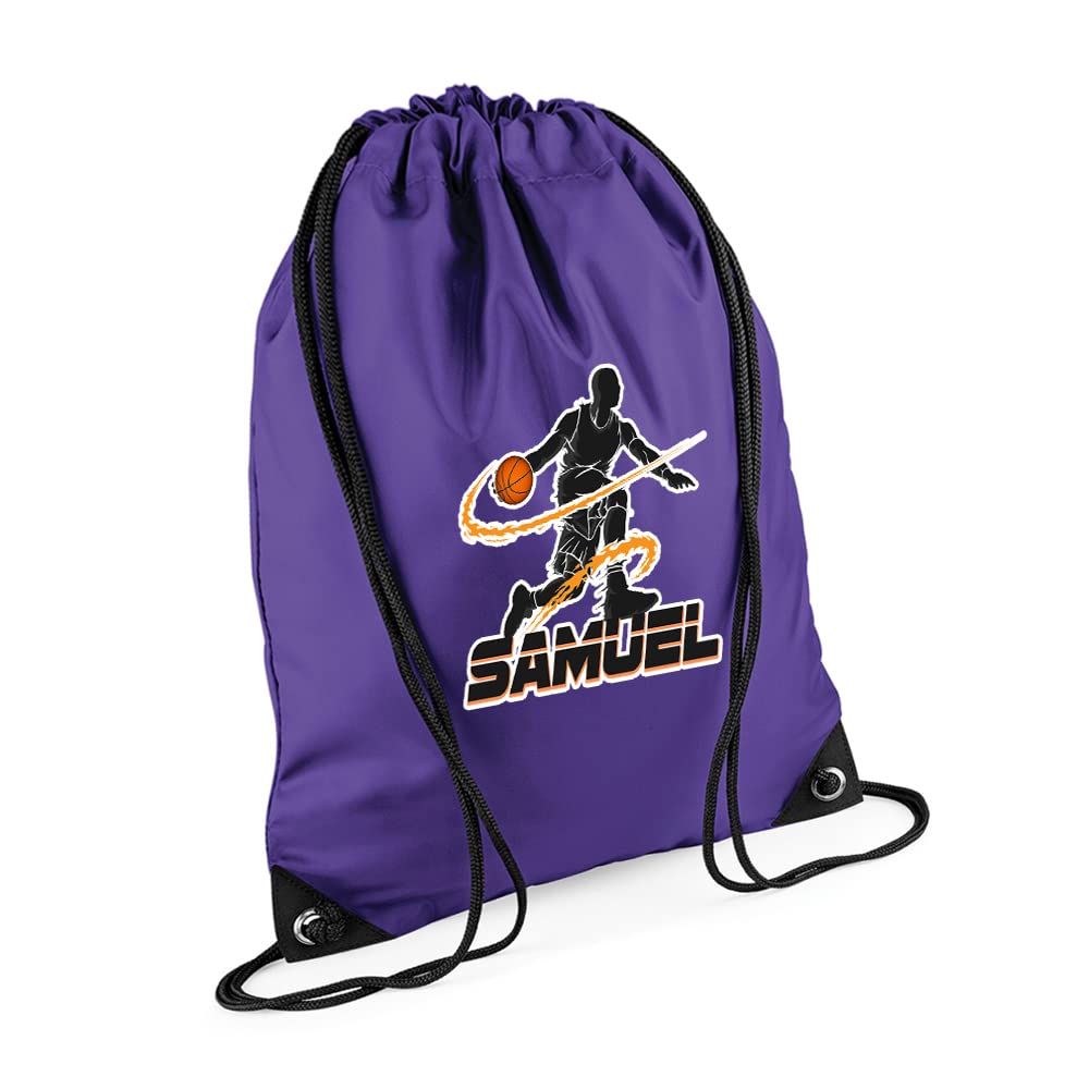 Personalised Basketball Player ANY NAME Sports Lover Gift for Men, Boy, Friend, Birthday present Drawstring Bag, PE Gym Kit Swimming, Sport Rucksack. (Purple) — image 1
