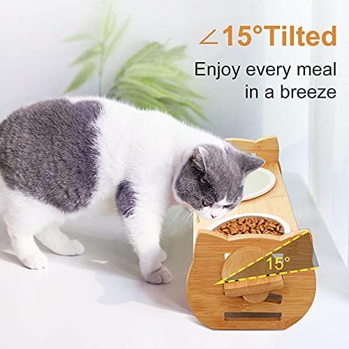 Cat Food Bowl Anti Vomiting, Ceramic Cat Bowls With Stand Tilted, Raised Cat Bowl for Food and Water, Tilted Cat Bowl, Bamboo Cat Feeding Station, Elevated Cat Bowl with Cat-shaped Stand (S)