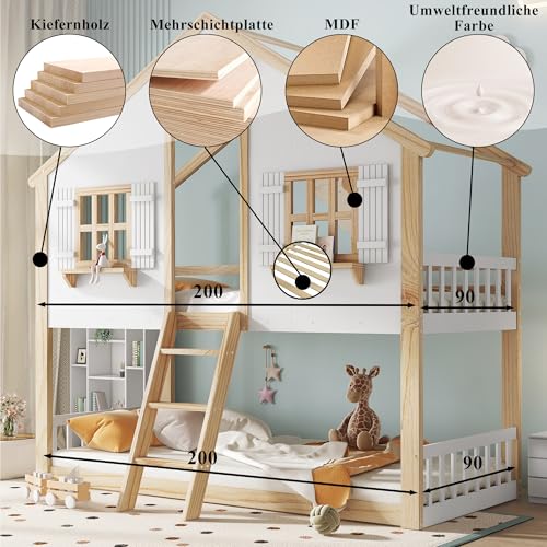 Zravenna Hochbett Hausbett 90x200 mit Schöne Fenster und Dach, Etagenbett für 2 Kinder mit Leiter und Sicherheitsgeländer, Bettrahmen aus Massiver Kiefer (Natur+Weiß-C, 90x200cm)