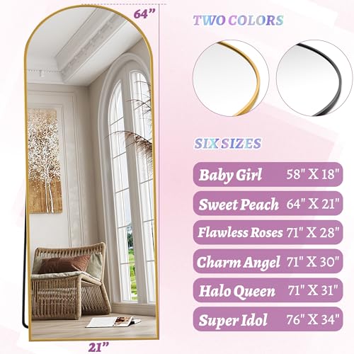 Full Length Mirror, 64"x21" Arched Floor Mirror Freestanding, Floor Standing Full Body Mirror with Stand for Bedroom, Hanging Mounted for Living Room Cloakroom, Gold