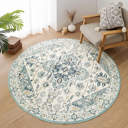 VK VK·LIVING Washable Round Rug 5ft Vintage Circle Area Rugs with Non-Slip Round Carpets for Living Room Bedroom, Stain Resistant Floor Carpets for Dining Home Office Boho Rug, Soft Sage - image 1