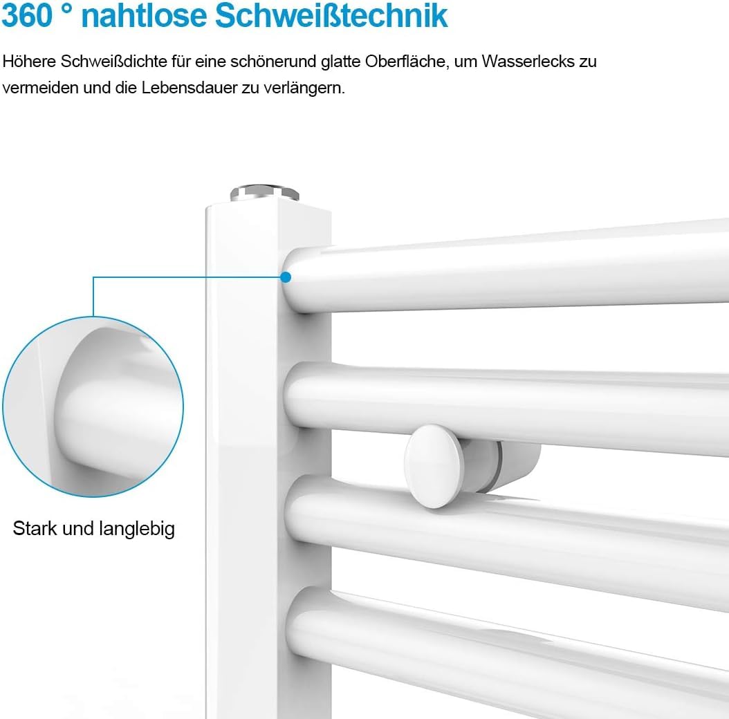 Heilmetz Badheizkörper 40 x 140 cm Handtuchtrockner Heizkörper Bad Mittelanschluss 476 Watt Leistung Handtuchwärmer Handtuchheizkörper Weiß Gerade