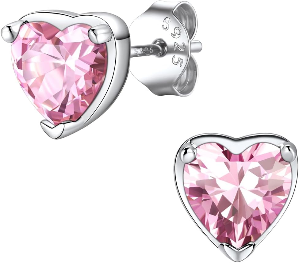 FindChic Sparkling Birthstone Heart Stud Earrings for Women, Silver Plated Studs Cubic Zirconia Earring with 925 Sterling Silver Post & Push Backs, 12 Months Birthday Anniversary Jewelry Gift