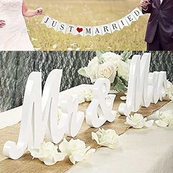 Viopvery Bruiloft decoraties, witte houten letters heer en mevrouw teken & gewoon getrouwde banner perfect voor bruiloft tafel, feesttafel, top diner decoratie