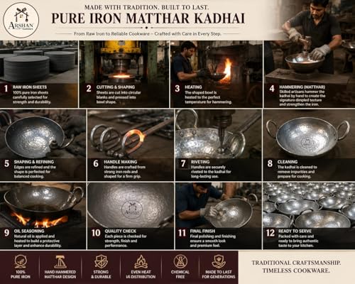 Image of Pure Iron Matthar Kadhai | Heavy Duty Hammered Iron Kadai with Strong Handles | Traditional Cooking Wok for Gas Stove | Deep Iron Kadhai for Indian Cooking (9 inch 22 CM 400ML)