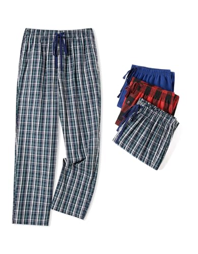 Image of JupiterSecret Mens Pajama Pants Set Cotton Lightweight Plaid Sleep & Lounge 3-Pack PJ Bottoms with Pockets and Button Fly