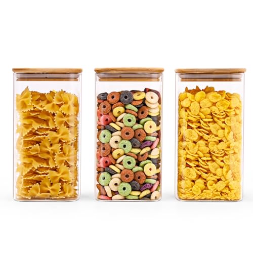 SHOWIN Glass Food Storage Jars Square 44oz, 3 Pack Glass Jars With Bamboo Lids, Kitchen Storage Containers For Spice, Candy, Cookie, Storage For Pantry Organizers