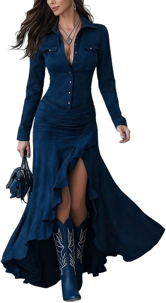 Womens Vintage Western Dresses Button Down V Neck Long Sleeve Maxi Dress Fishtail Hem Boho Suede Dress for Women