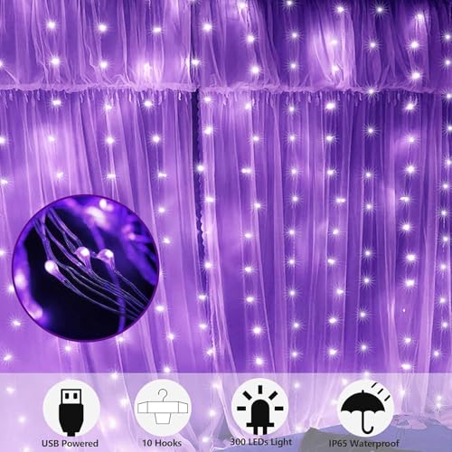 Image of MIRADH 300 LED Fairy Curtain String Lights - USB Powered Remote-Controlled Backdrop, Warm Ambience for Diwali, Navratri, Christmas & New Year Decor, (Purple)