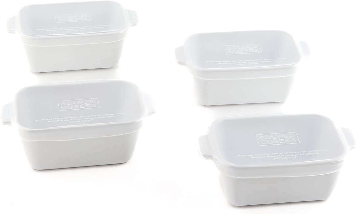 Souper Cubes Stoneware 2.0-5" x 3" Baking Dishes for Oven, Made in USA, Premium Mini Ceramic Baking Dishes with Silicone Covers for Individual Portions, Set of 4 - White