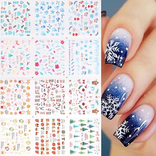 Christmas Snowflakes Nail Art Water Transfer Stickers Xmas Tree Santa Claus Bell Sock Snowman Pattern Nail Decal Word Heart Star Nail Decoration for Girl Women Manicure Accessories(12 Sheet)