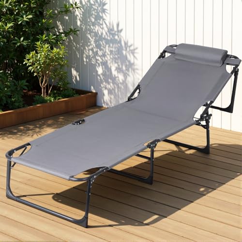 Gardeon Sun Lounge Folding Chaise Lounge with 4-Level Reclining Back, Outdoor Lounge Tanning Chair with Headrest for Beach, Yard, Patio, Grey