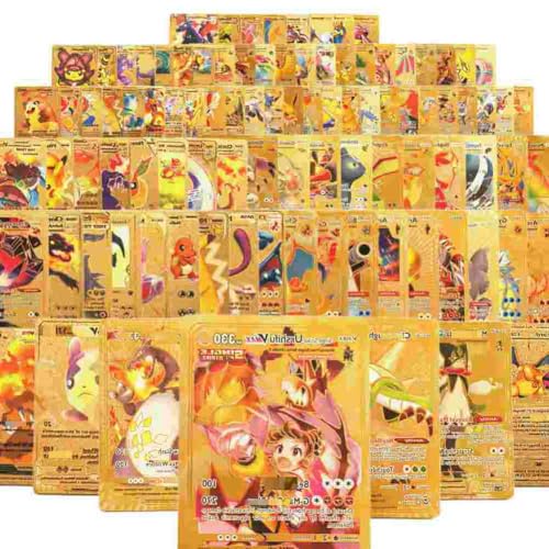 55 Gold Cards Packs Vmax V EX GX Golden Cards TCG Deck Box Gold Foil Card for Fans Collectors Gifts No Duplicate (Gold)