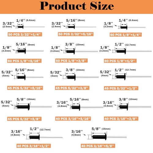 Image of Pop Rivet Gun with Pop Rivets Assortment Kit,1000PCS 21 Sizes Black Pop Rivets, Large Flange Rivets, Washers for DIY /Automotive Repairs /Furniture,Packed in Portable Toolbox