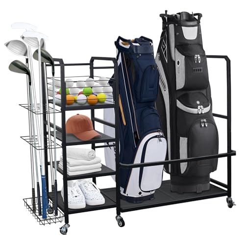 Golf Bag Storage Rack with Wheels, Golf Bag Organizer Fits 2 Bags and Store golf clubs, balls, shoes, and golf equipment accessories, Sturdy Golf Storage Rack for Home Garage Club Basement, Black