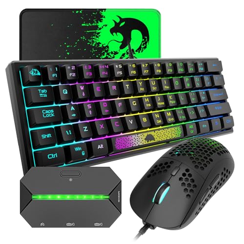 ZIYOU LANG ゲーミングキーボード マウス コンバーター セット テンキーレス 62キー 60% 静音 コンパクト 有線 USB接続 ゲーム機専用コンバーター付き RGBバックライト 19キー防衝突 Windows/Mac/Switch/PS4/X