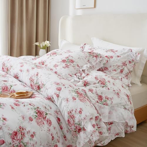 Image of VM VOUGEMARKET Ruffle Duvet Cover Set Twin 3 Pieces Red Rose Flower