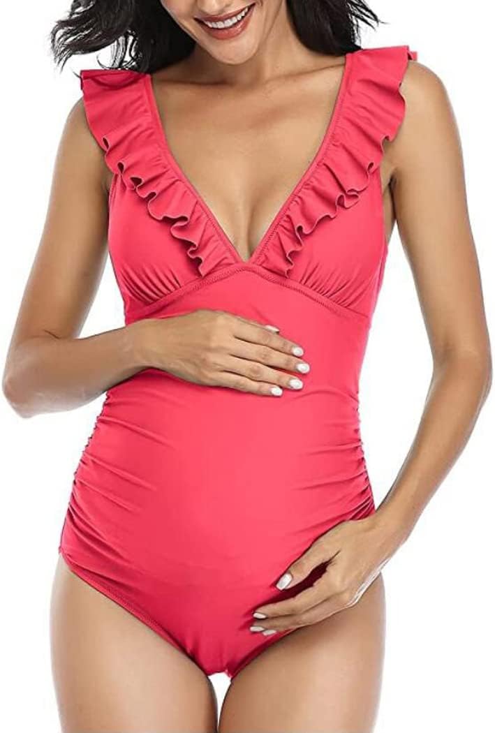 LANGWEI Maternity Bikini Sexy Swimsuits One Piece High Waisted Flounce Pregnancy Swimwear Beachwear