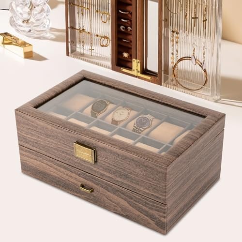 Caja de reloj con 24 ranuras, almacenamiento de madera de 2 niveles con parte superior de cristal para joyas y accesorios, organizador para hombres