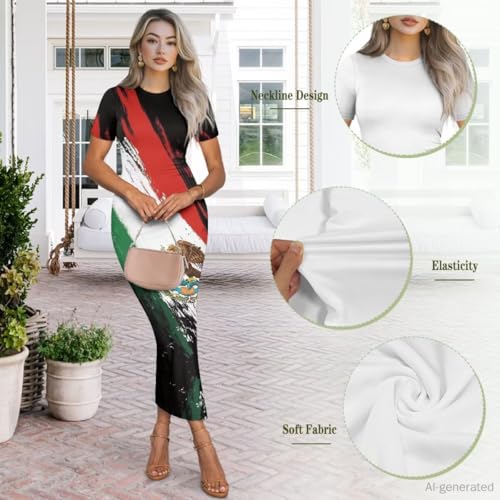 Image of Womens Short Sleeve Jamaican Flag Midi Bodycon Dress