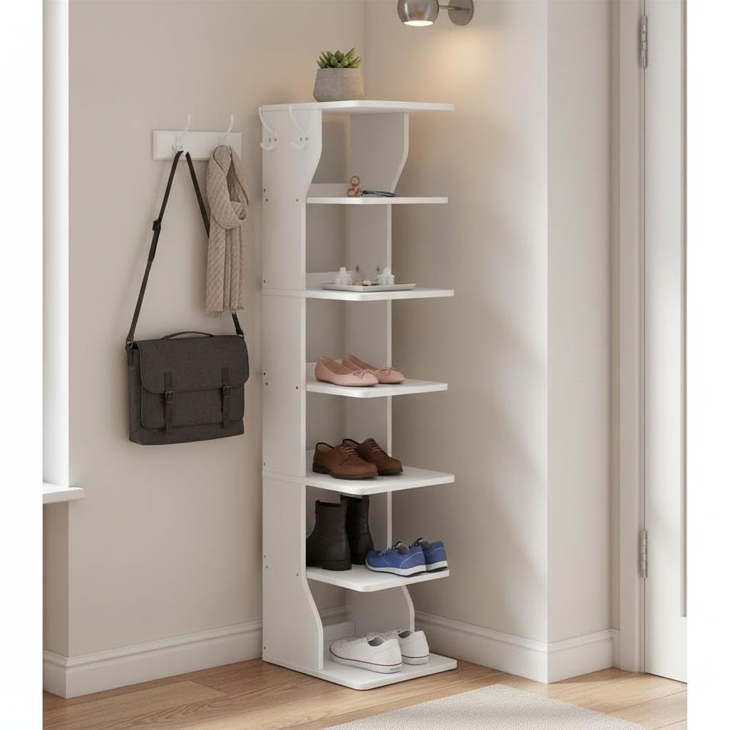 AMUSEBY 7-Tier Vertical Shoe Rack, Wooden Shoe Storage Organizer with Hook