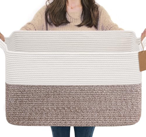 Image of Goodpick 75L Extra Large Woven Rope Blanket Basket, Rectangle, Brown | 22 inch x 17 inch x 12 inch Decorative Storage Basket for Pillows & Clothes, Fits Living Room & Nursery Organization, Handles