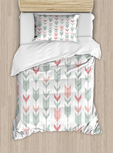 Lunarable Arrow Duvet Cover Set, Retro Style Pattern With Pastel Colors Peruvian Vintage Art Motifs, Decorative 2 Piece Bedding Set With 1 Pillow Sham, Twin Size, Green Peach #TOP28