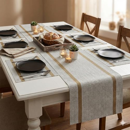 Image of YELONA Dining Table Placemats and Runner Set - Heat Resistant, Washable, Stain Resistant Mats - Woven Vinyl Plastic - Easy to Clean-(45x30 cm 6 Placemats, 135x30 cm 1 Runner)-Ideal for Stylish Dining