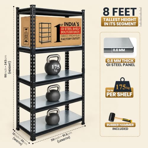 Image of JD Fresh 5 Tier Multipurpose Metal Storage Rack /96 inch Height GI Steel Shelf Boltless Rack with Stiffener /Adjustable Standing Shelves Unit /175kg Load Per Shelf /Storage Rack for Shop /Warehouse (Black)