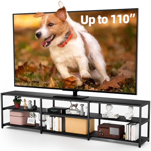 Aquzee 100 inch TV Stand, Extra Large 98" Wide Entertainment Center for 85" - 110" Television, 3 Tier Heavy Duty Wood Console Table with Storage for Living Room Home Theater, Black