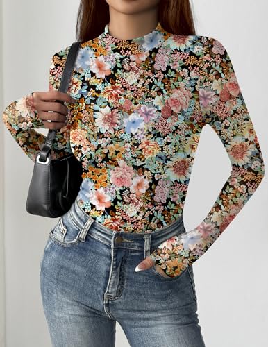 Zeagoo Womens Floral Mesh Long Sleeve Tops See Through Going Out Blouses Mock Neck Sheer Party Outfits Shirts S-XXL3