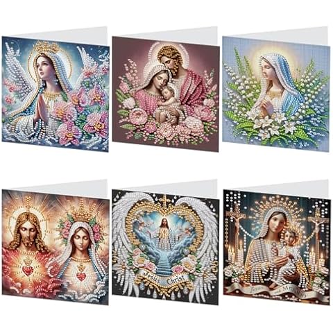 6 Pcs 5D Rhinestone Painting Greeting Cards Kits, Handmade Festival Greeting Cards with Envelopes Holographic Laser Effect DIY Diamond Art Crafts Birthday Cards for Birthdays Celebrations (Religion) Cover