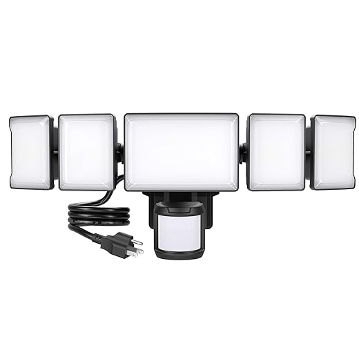 Olafus 130W Motion Sensor Outdoor Light Plug in, Motion Flood Light Dusk to Dawn, 13000LM IP65 Waterproof Exterior LED Security Lights, 5 Heads Motion Detector Floodlights for Garage Yard, Black