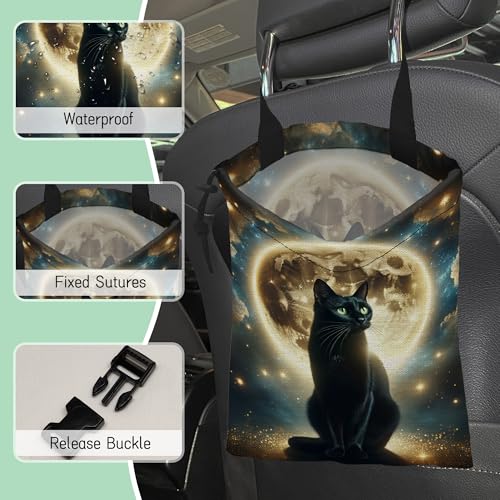 Image of Black Cat Car Trash Bag,Full Moon Hanging Drawstring Car Garbage Bag,Waterproof Canvas Car Back Seat Organizer with Adjustable Buckle,for Vehicles,SUVs,Camping,Road Trips
