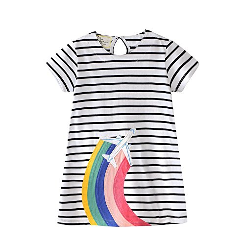 Hileelang Little Girls Cotton Dress Short Sleeves Casual Summer Striped Printed Shirt,6T/(6-7T)130Cm,1#Whiterainbow #TOP1