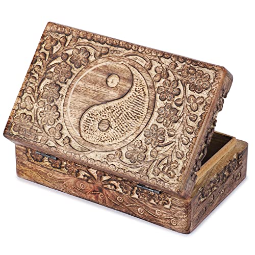 Ajuny Wooden Hand Carved Decorative Jewelry Box Tai Chi Carvings Vintage Keepsake Storage Organizer Travel Treasure Chest Trinket Holder Case Great Gifts 8x5 Inch