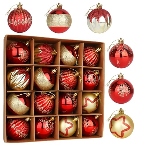 Upifen Christmas Tree Baubles, 16pcs christmas decorations baubles, 60 mm/2.36 Christmas Baubles with Strings, Shatterproof Plastic Bulbs, Hanging Decorations for Xmas Tree, Holiday, Wedding, Party