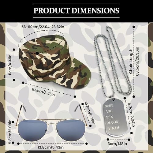 Instant Army Fancy Dress Set - Camouflage HAT Dog Tags Gold Aviators Mens Ladies Unisex