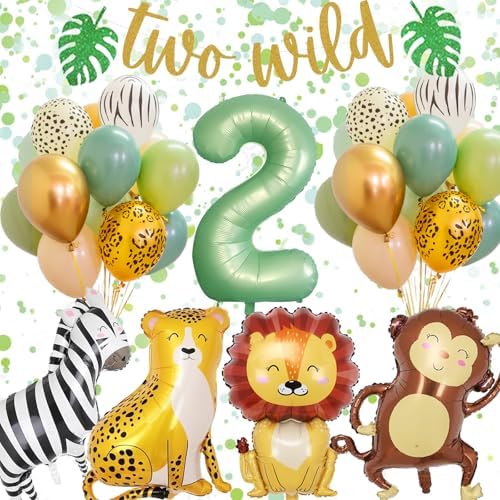2 Geburtstag Deko Junge Mädchen, Dschungel Geburtstagsdeko 2 Jahr Junge, 2 Jahr Kindergeburtstag Deko mit Safari Luftballons 2. Geburtstag