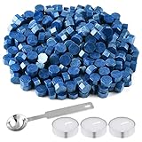FEPITO 300 Pcs Octagon Sealing Wax Beads with 3 Pcs Tea Candles and 1 Pcs Wax Melting Spoon for Wax...