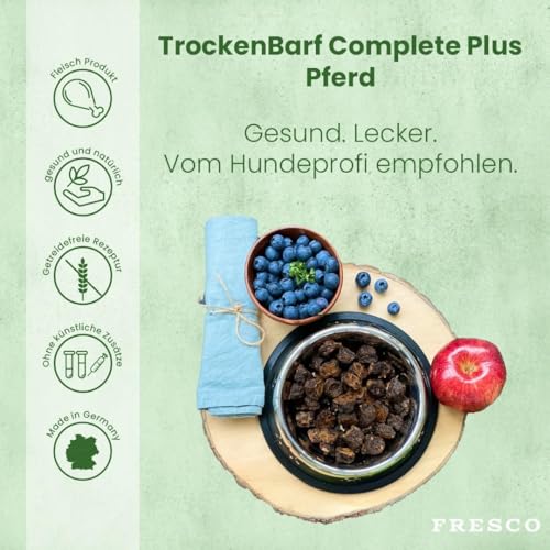 FRESCO Dog Trockenbarf Complete Plus Pferd | 1 kg | Trockenbarf für Kleine Hunde | Bestehend aus reinem Muskelfleisch, Innereien und Calcium-Knochen vom Pferd sowie Obst, Gemüse und Öl