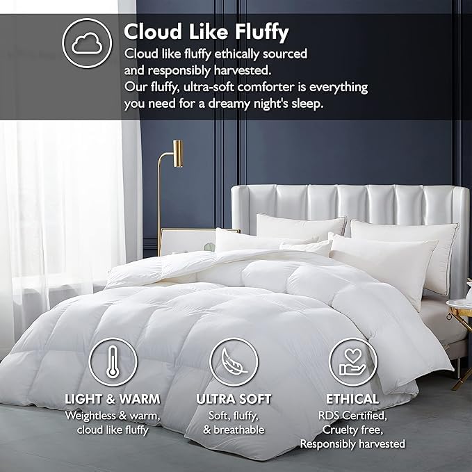 Luxurious White Solid Heavy Weight, Oversized Queen Size Goose Feathers Down Comforter for Winter Weather Duvet Insert, Premium Baffle Box, 100% Egyptian Cotton Cover, 70 oz. Fill Weight