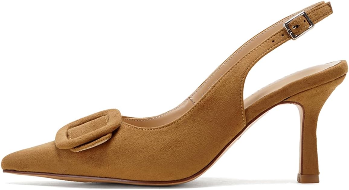 AIJIVOU Womens Pointed Toe Slingback Kitten Heels Slip on Kitten Heel Pumps Formal Dress Shoes Sling Back Heels with Buckle for Women Work Office