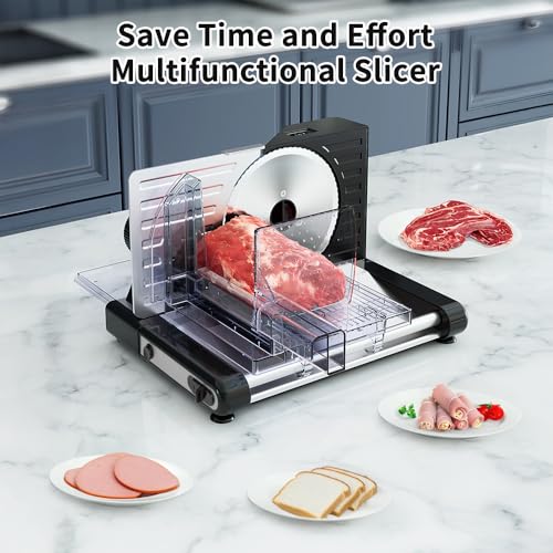 Image of Meat Slicer Machine for Home - Electric Deli Slicer for Home & Kitchen, Food Slicer with Adjustable Thickness, Meat Cutter Machine for Frozen Thawed Meats, Jerky, Bread, Deli Meats (Silver & Black)
